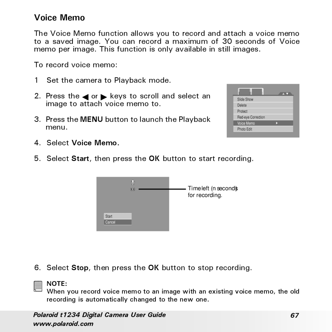 Polaroid t1234 user manual Select Voice Memo, Select Start, then press the OK button to start recording 