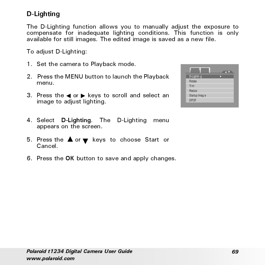 Polaroid t1234 user manual Lighting 