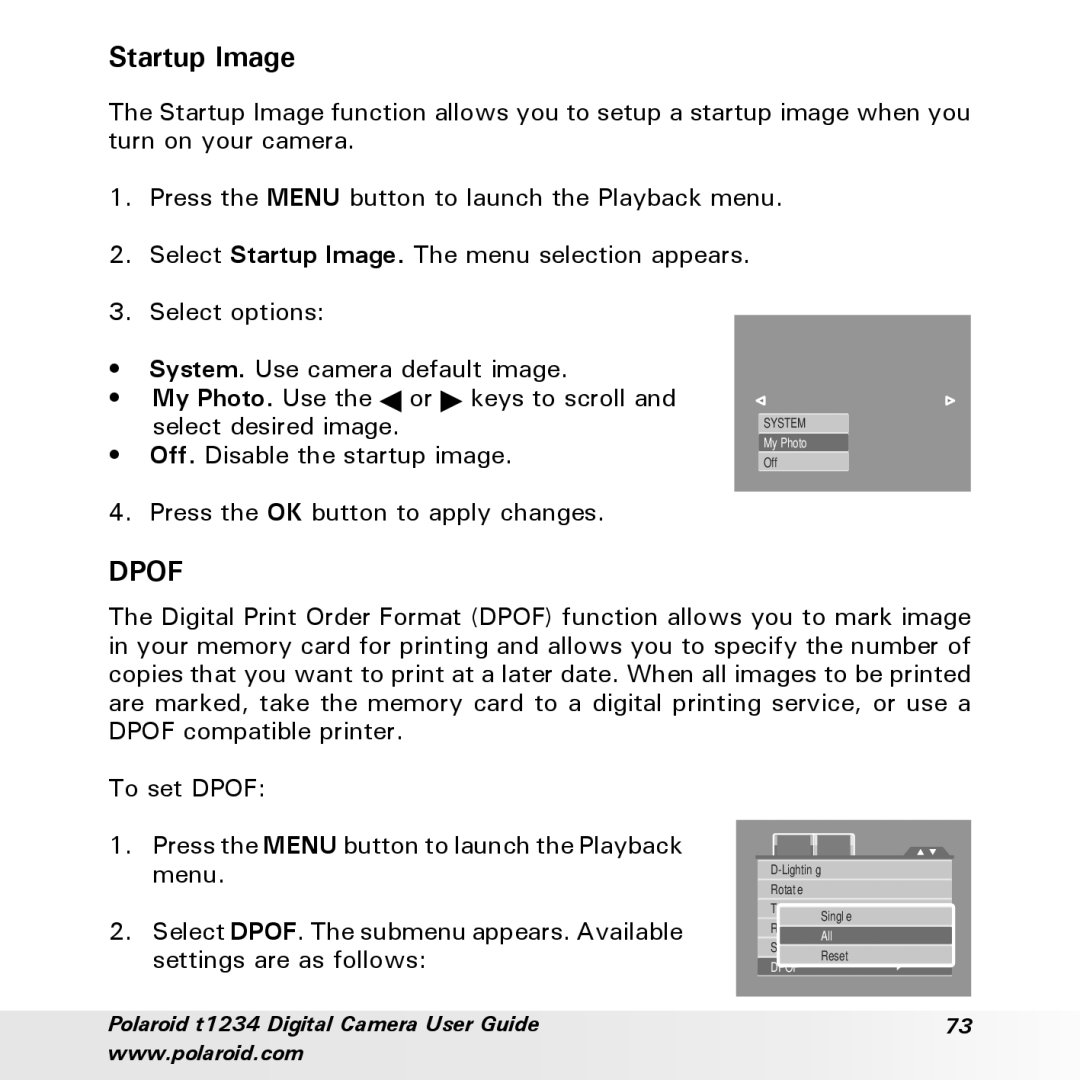 Polaroid t1234 user manual Startup Image, Press the OK button to apply changes, Settings are as follows 