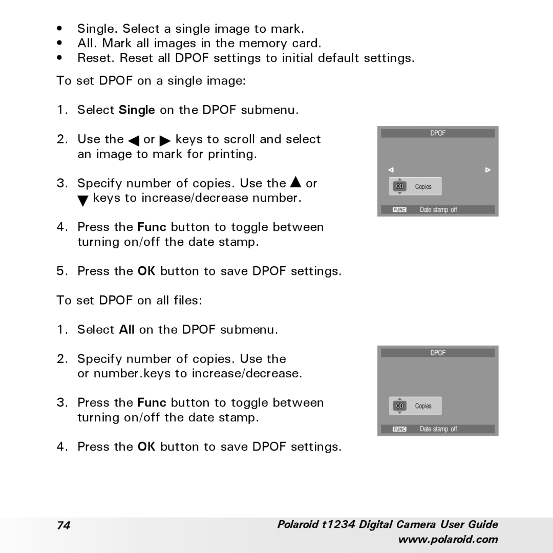 Polaroid t1234 user manual Press the OK button to save Dpof settings 