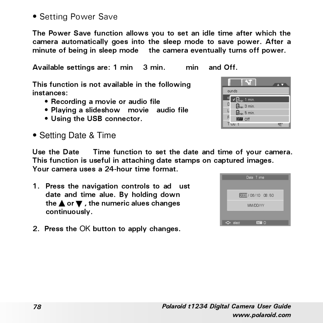 Polaroid t1234 user manual Setting Power Save, Setting Date & Time 