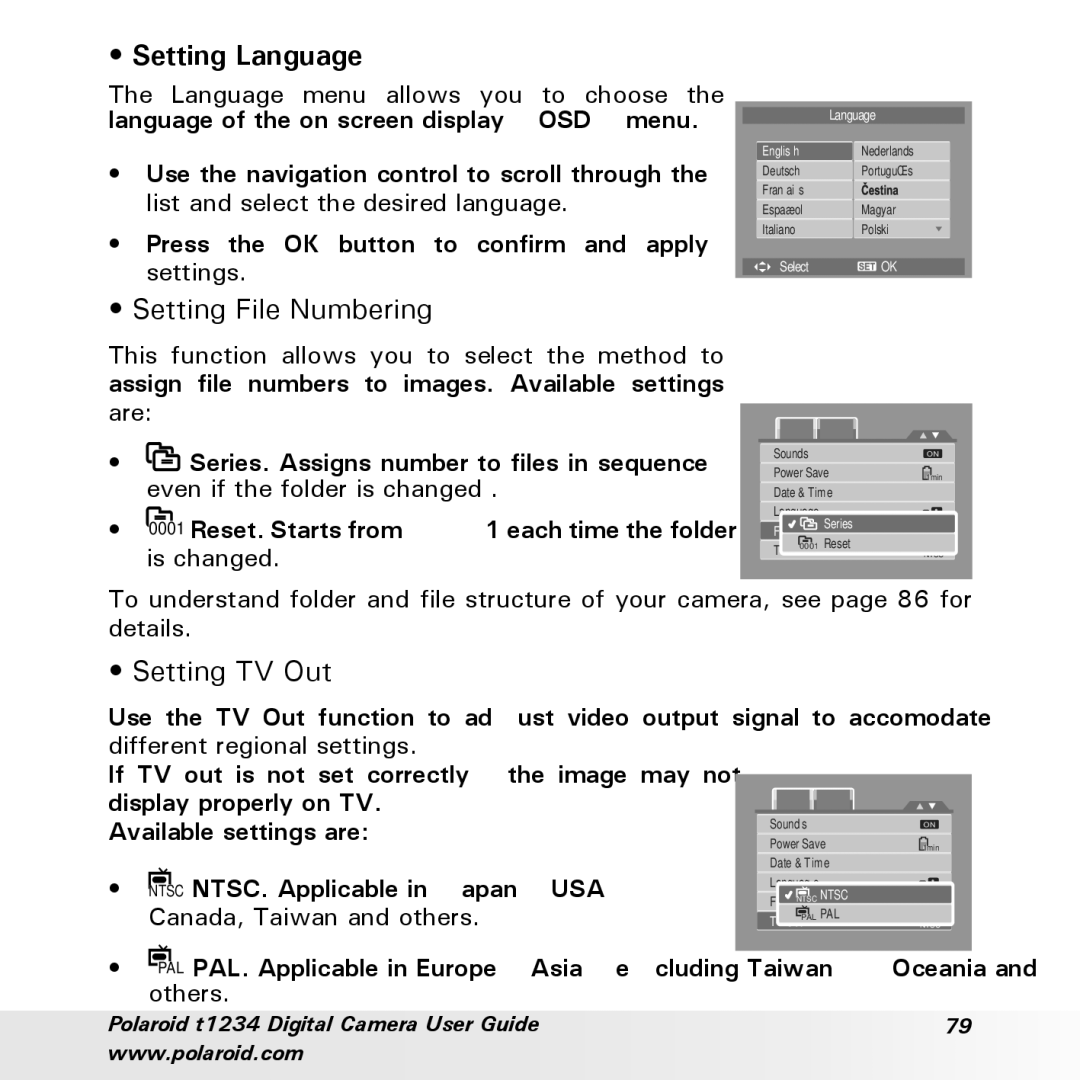 Polaroid t1234 user manual Setting Language, Setting File Numbering, Setting TV Out, Ntsc NTSC. Applicable in Japan, USA 