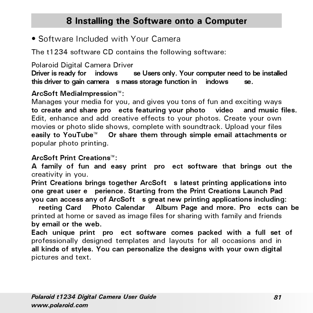 Polaroid t1234 Installing the Software onto a Computer, Software Included with Your Camera, Polaroid Digital Camera Driver 