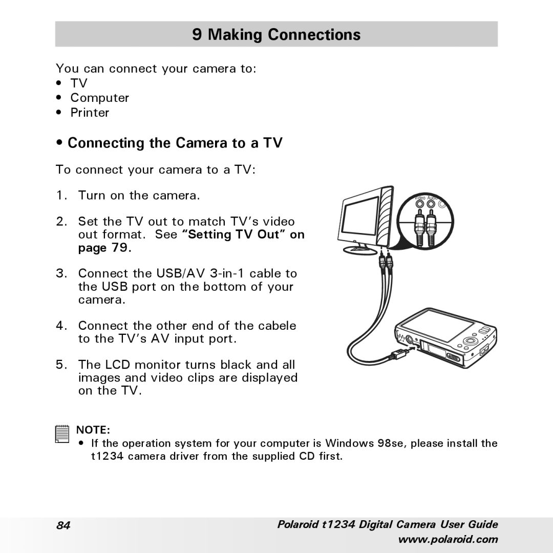 Polaroid t1234 Making Connections, Connecting the Camera to a TV, You can connect your camera to Computer Printer 