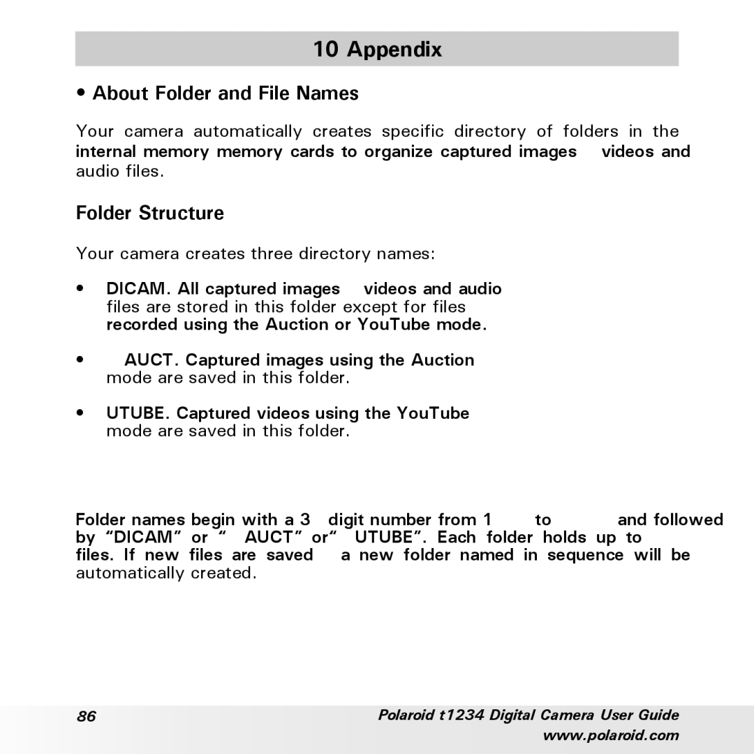 Polaroid t1234 user manual Appendix, About Folder and File Names, Folder Structure 