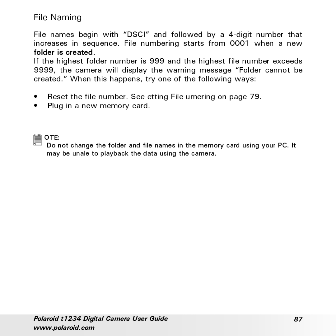 Polaroid t1234 user manual File Naming, Reset the file number. See Setting File Numbering on, Plug in a new memory card 