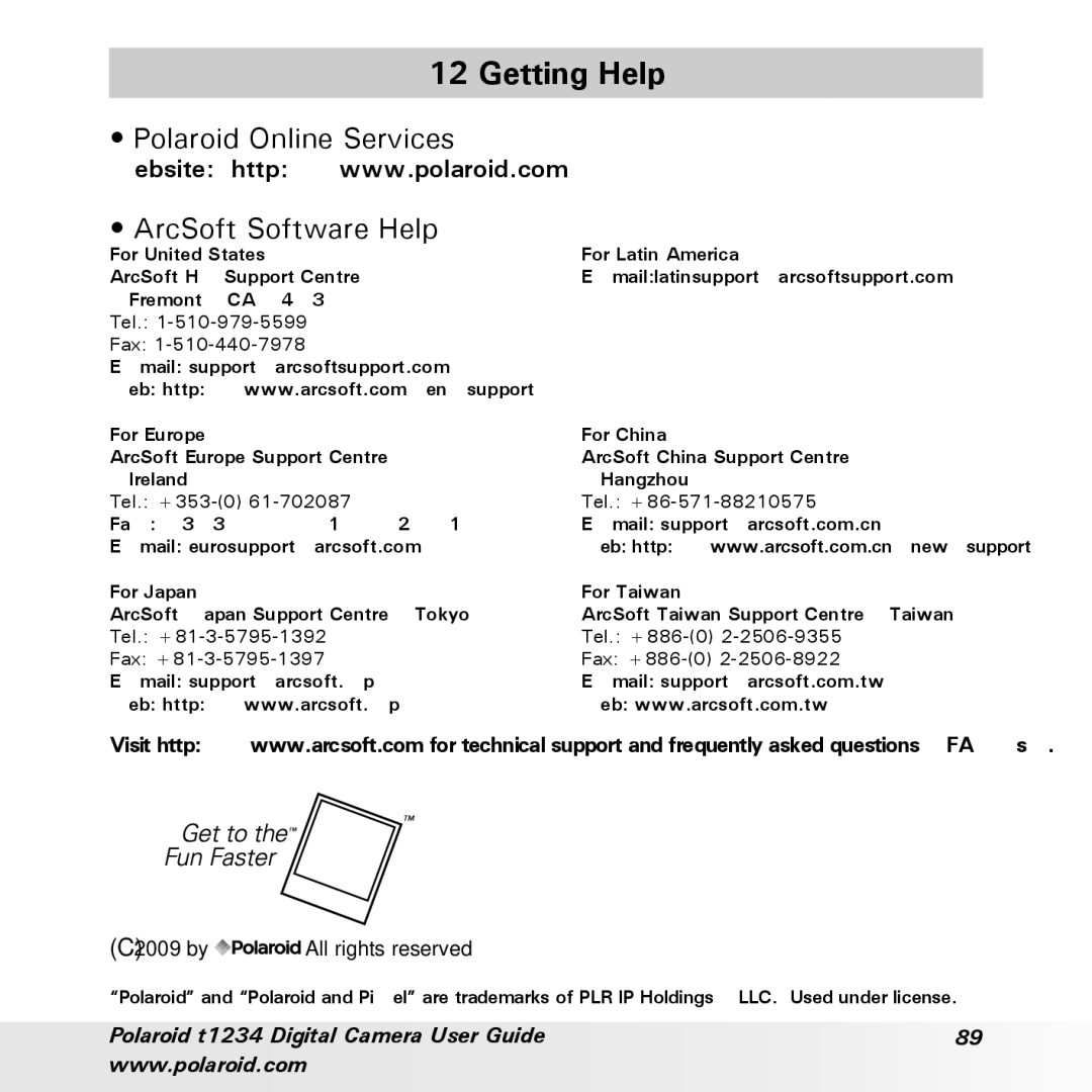 Polaroid t1234 Getting Help, Polaroid Online Services ArcSoft Software Help, For United States For Latin America 