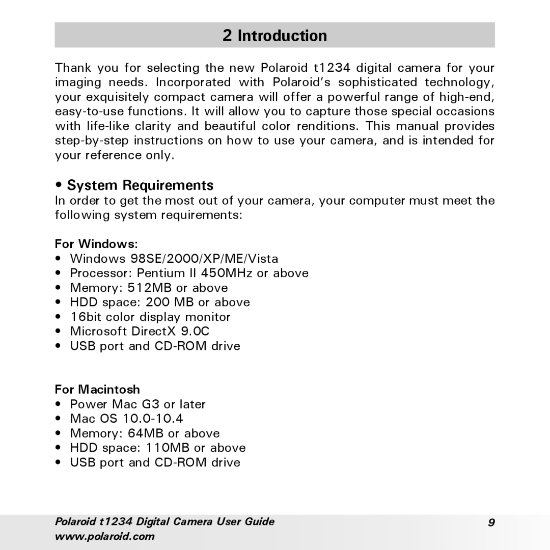 Polaroid t1234 user manual Introduction, System Requirements, For Windows, For Macintosh 