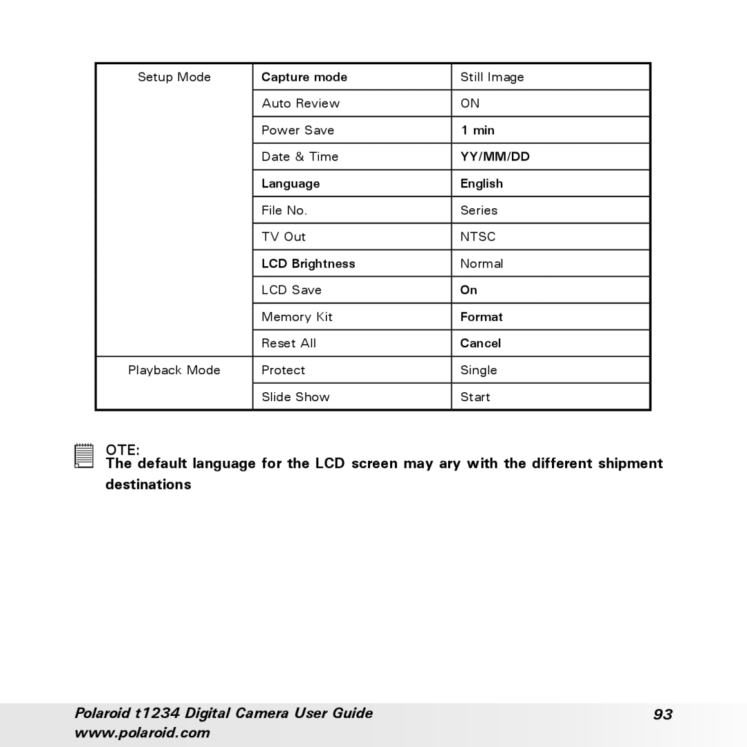 Polaroid t1234 user manual Yy/Mm/Dd 