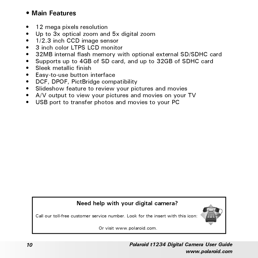 Polaroid t1234 user manual Main Features 