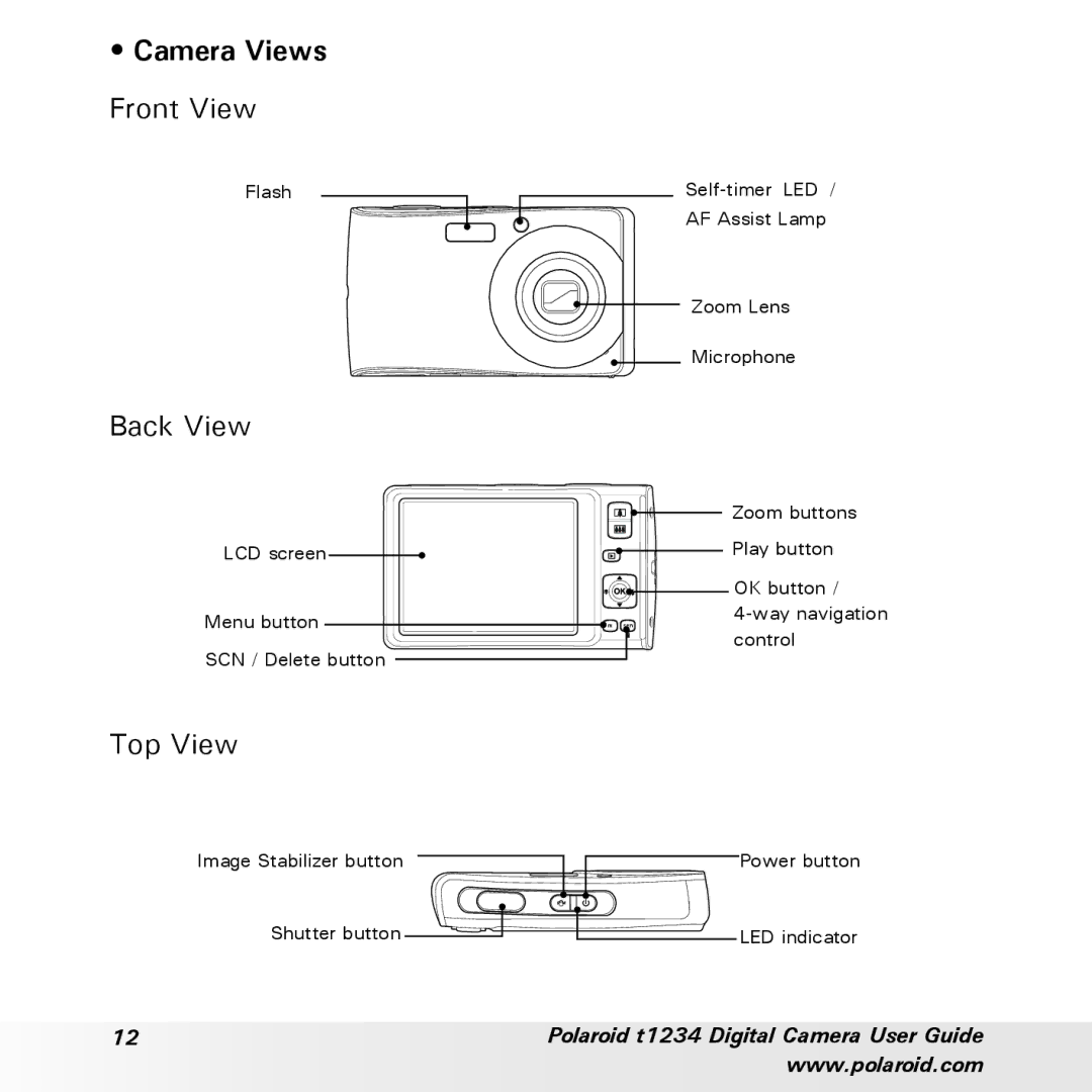 Polaroid t1234 user manual Camera Views, Front View, Back View, Top View 