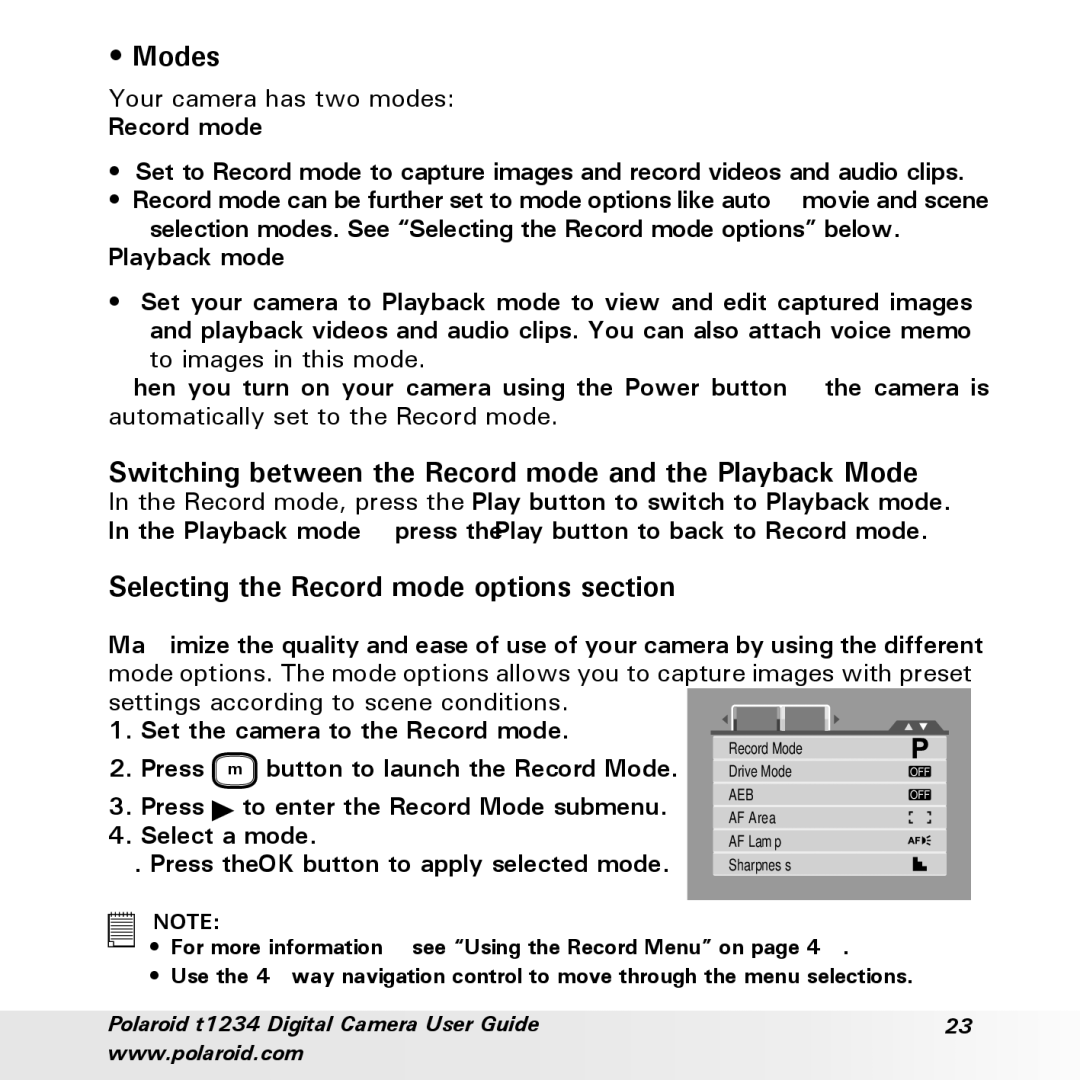 Polaroid t1234 Modes, Switching between the Record mode and the Playback Mode, Selecting the Record mode options section 