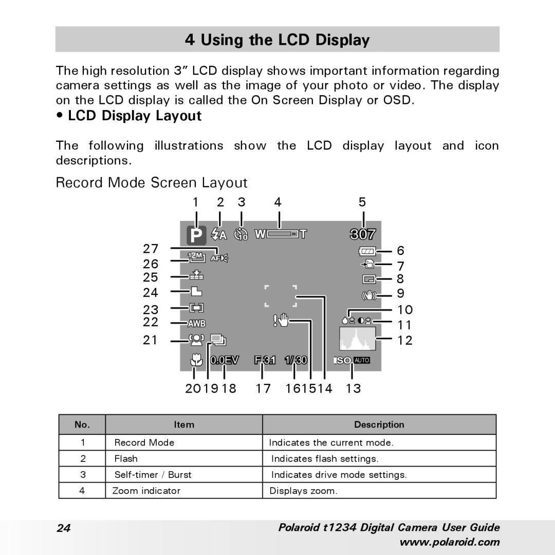 Polaroid t1234 user manual Using the LCD Display, LCD Display Layout, Record Mode Screen Layout, 2019 161514 
