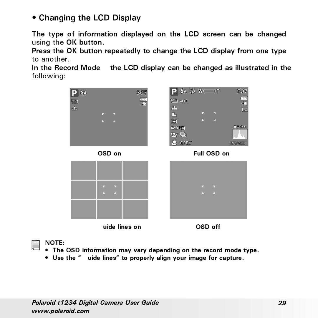 Polaroid t1234 user manual Changing the LCD Display 