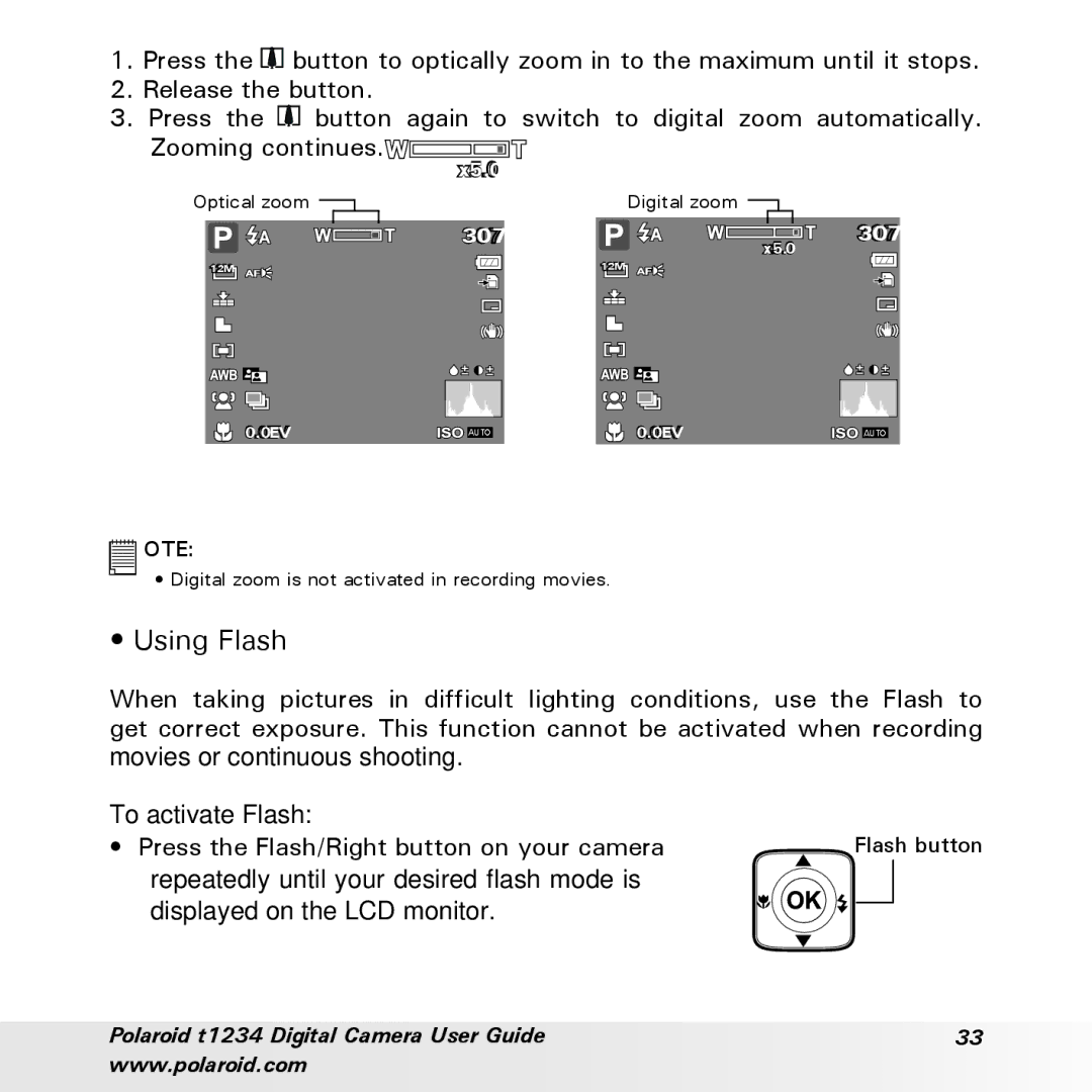 Polaroid t1234 user manual Using Flash 