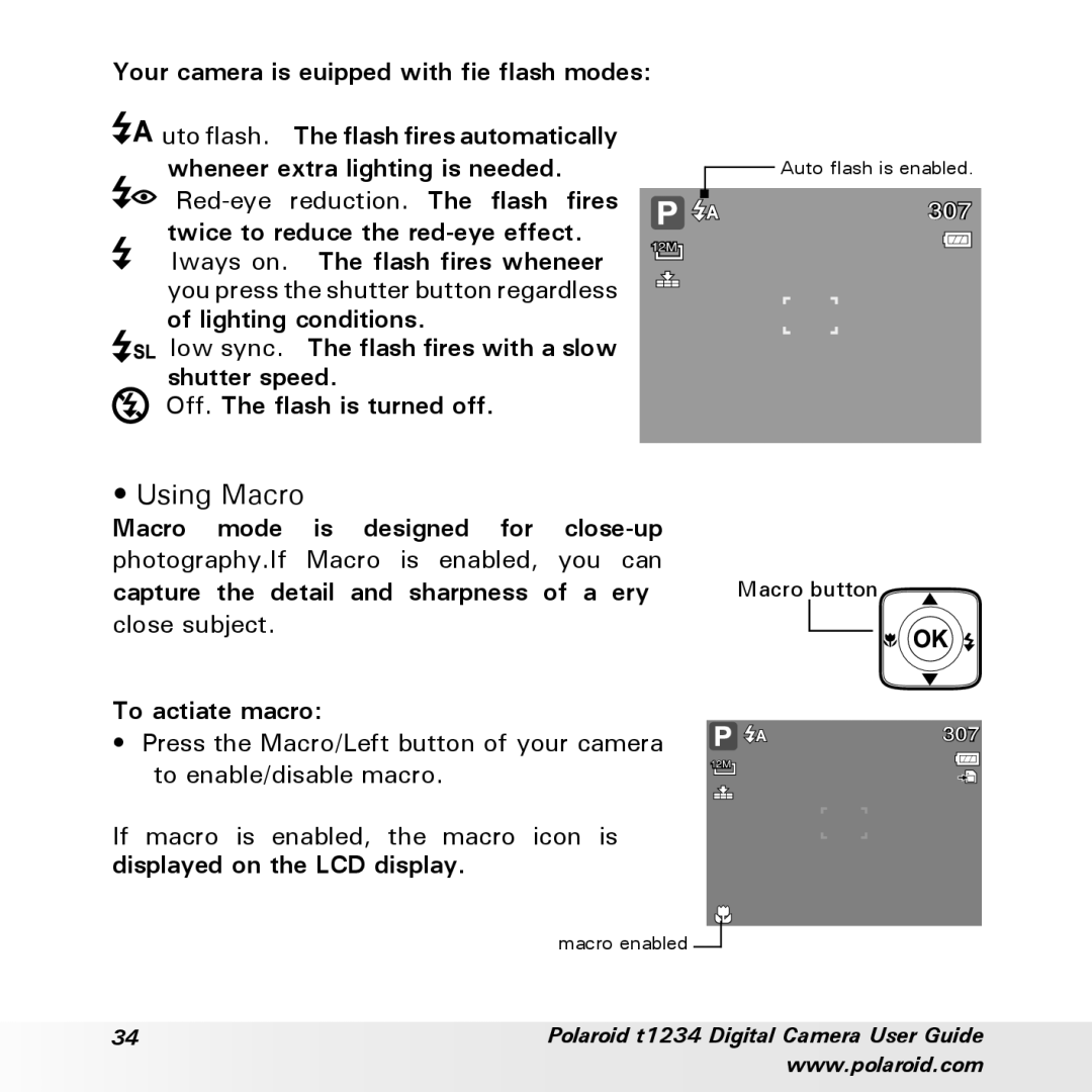 Polaroid t1234 user manual Using Macro, Red-eye reduction. The flash fires 