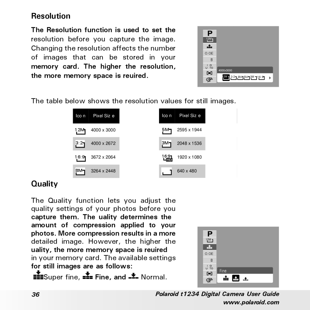 Polaroid t1234 user manual Resolution, Quality, Table below shows the resolution values for still images 