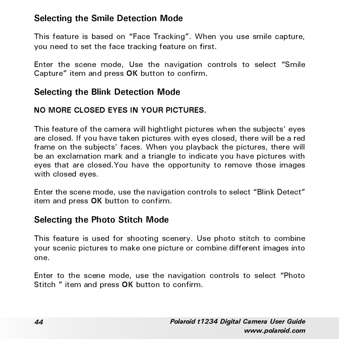 Polaroid t1234 Selecting the Smile Detection Mode, Selecting the Blink Detection Mode, Selecting the Photo Stitch Mode 