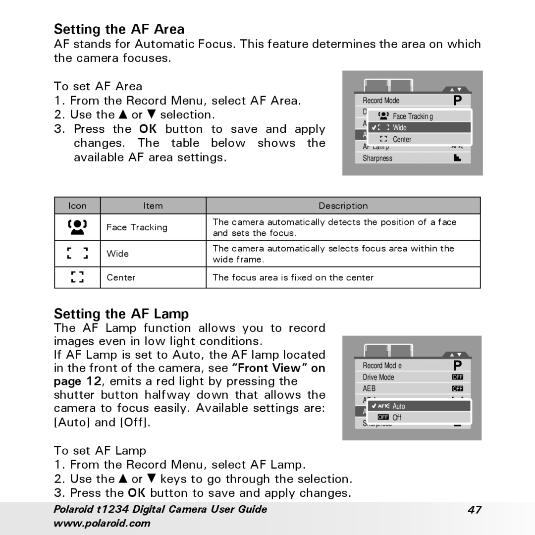 Polaroid t1234 user manual Setting the AF Area, Setting the AF Lamp 