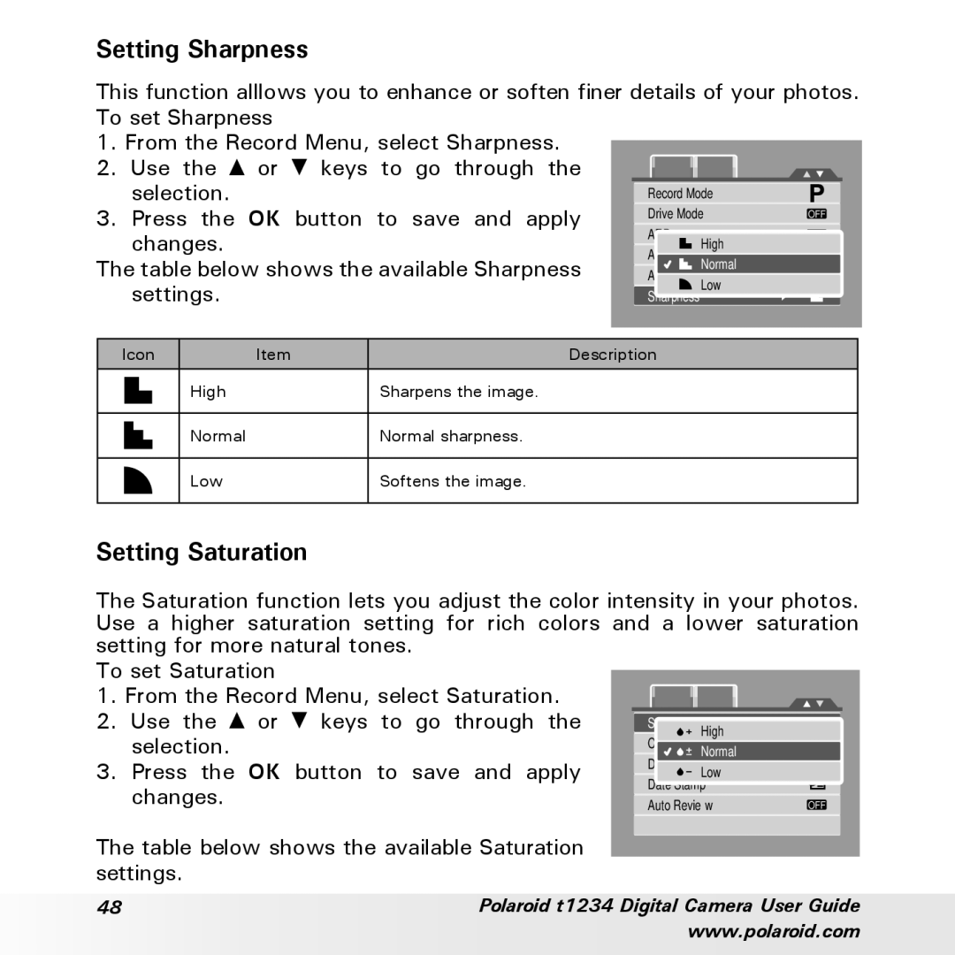 Polaroid t1234 user manual Setting Sharpness, Setting Saturation 