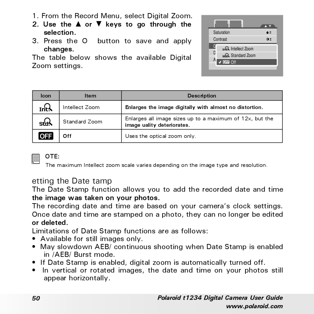 Polaroid t1234 user manual Setting the Date Stamp 