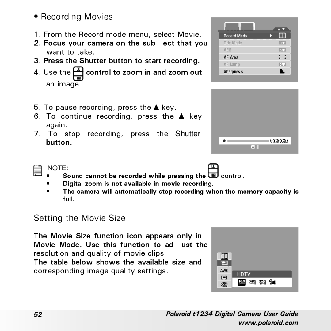 Polaroid t1234 user manual Recording Movies, Setting the Movie Size 