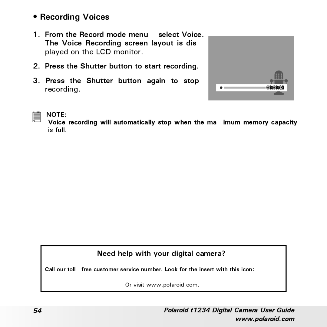 Polaroid t1234 user manual Recording Voices 