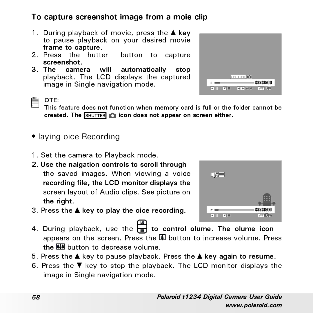 Polaroid t1234 user manual To capture screenshot image from a movie clip, Playing Voice Recording 