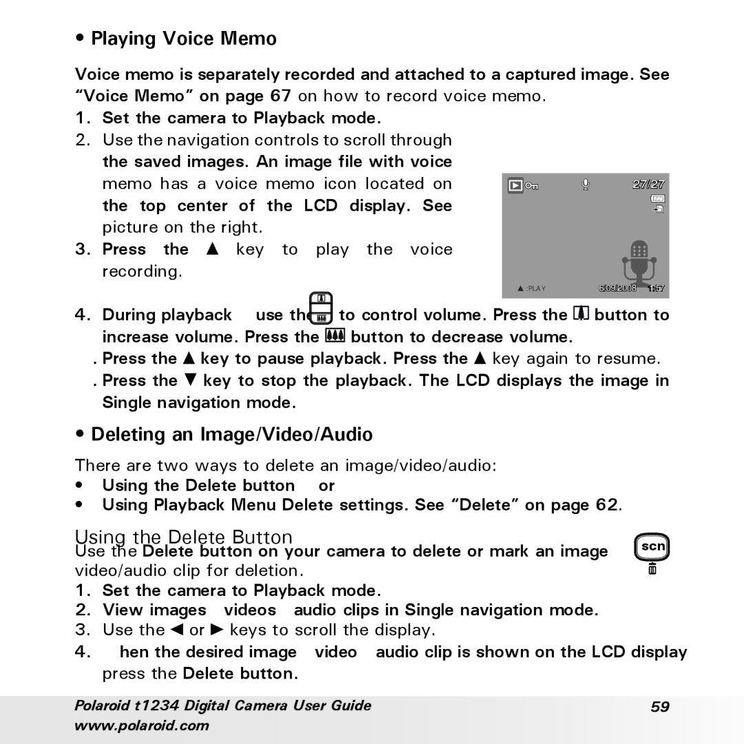 Polaroid t1234 user manual Playing Voice Memo, Deleting an Image/Video/Audio, Using the Delete Button, Scn 