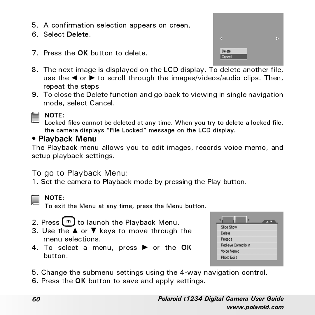 Polaroid t1234 user manual To go to Playback Menu, Set the camera to Playback mode by pressing the Play button 