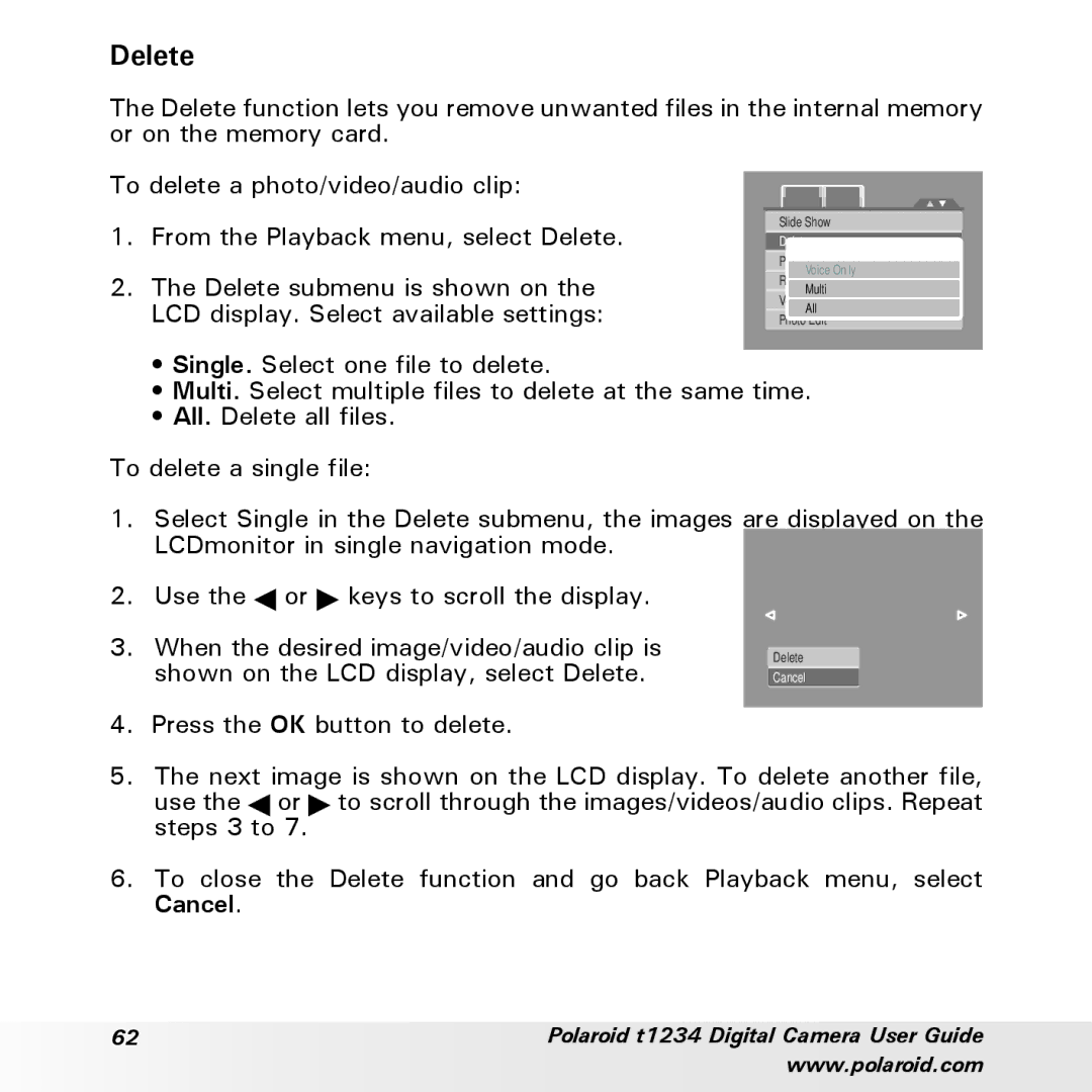 Polaroid t1234 user manual Delete, Cancel 