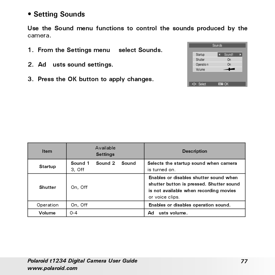 Polaroid t1234 user manual Setting Sounds, Available Description Settings 