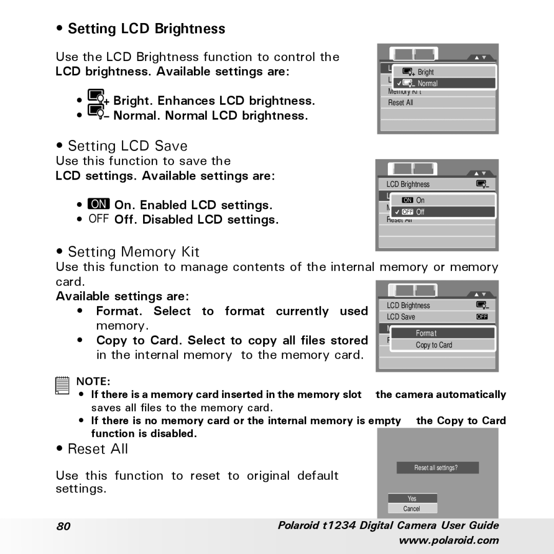 Polaroid t1234 user manual Setting LCD Brightness, Setting LCD Save, Setting Memory Kit, Reset All 