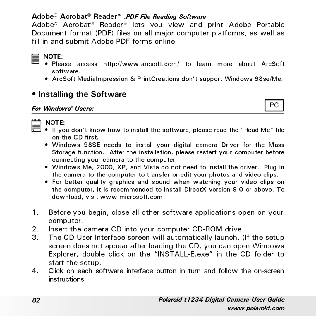 Polaroid t1234 user manual Installing the Software, For Windows Users 