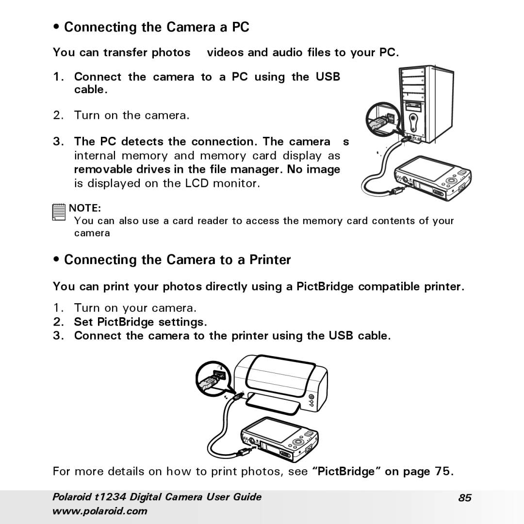 Polaroid t1234 user manual Connecting the Camera a PC, Connecting the Camera to a Printer 