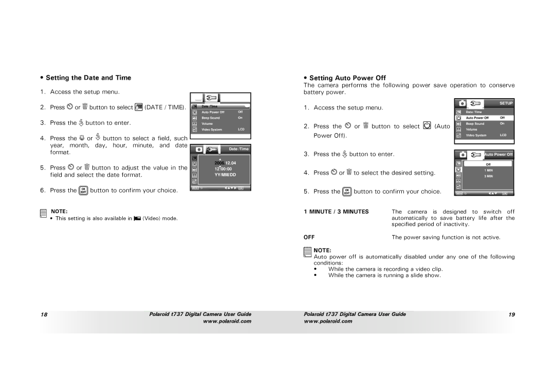 Polaroid T737 manual Setting the Date and Time, Setting Auto Power Off 