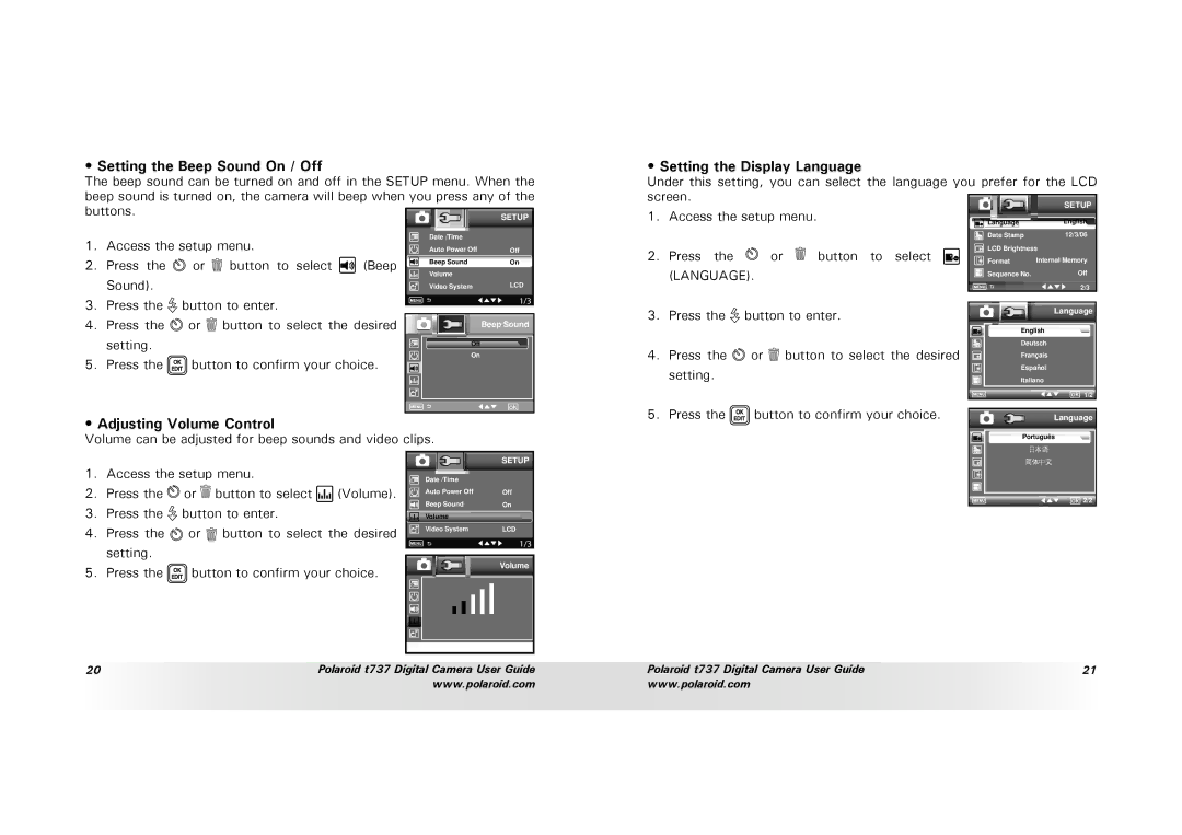 Polaroid T737 manual Setting the Beep Sound On / Off, Setting the Display Language, Adjusting Volume Control 