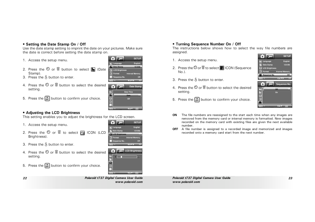 Polaroid T737 manual Setting the Date Stamp On / Off, Turning Sequence Number On / Off, Adjusting the LCD Brightness 