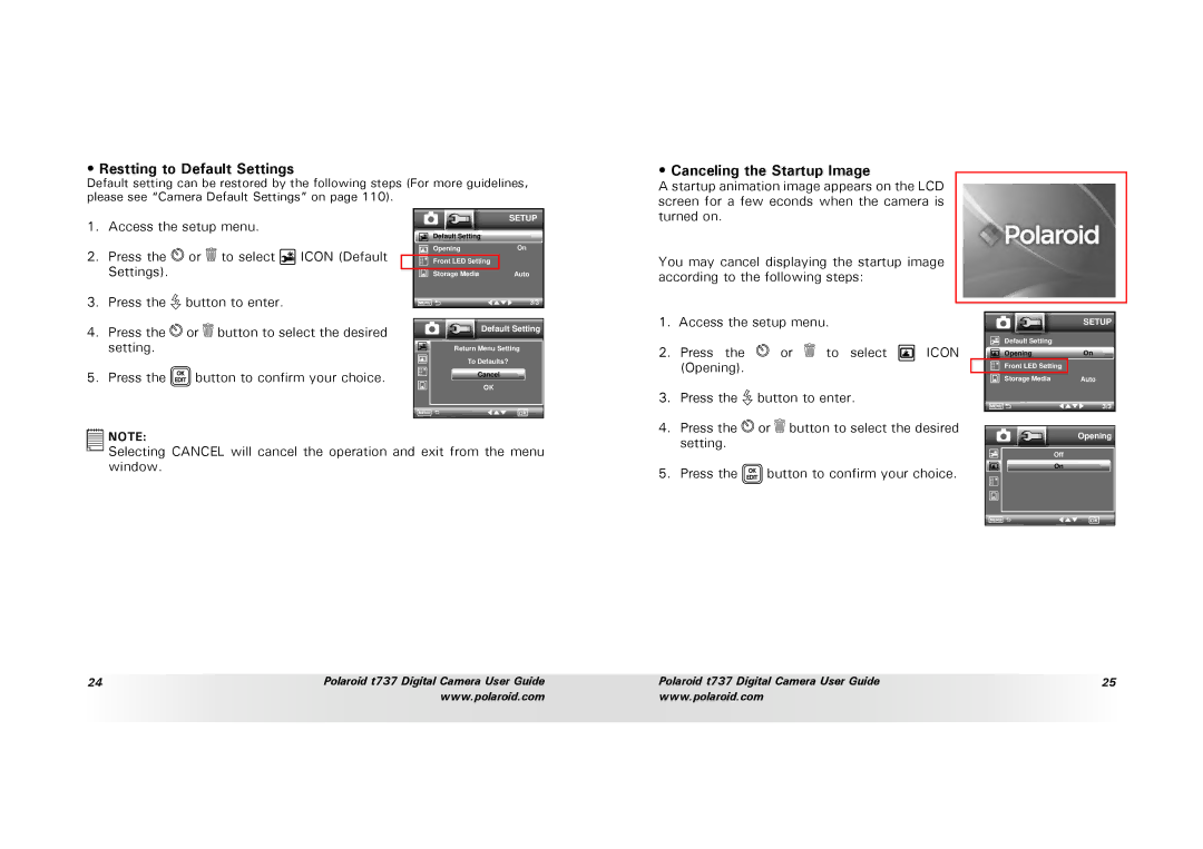 Polaroid T737 manual Restting to Default Settings, Canceling the Startup Image 