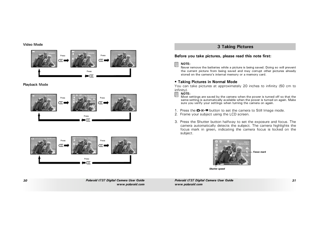 Polaroid T737 Before you take pictures, please read this note ﬁrst, Taking Pictures in Normal Mode, Playback Mode 