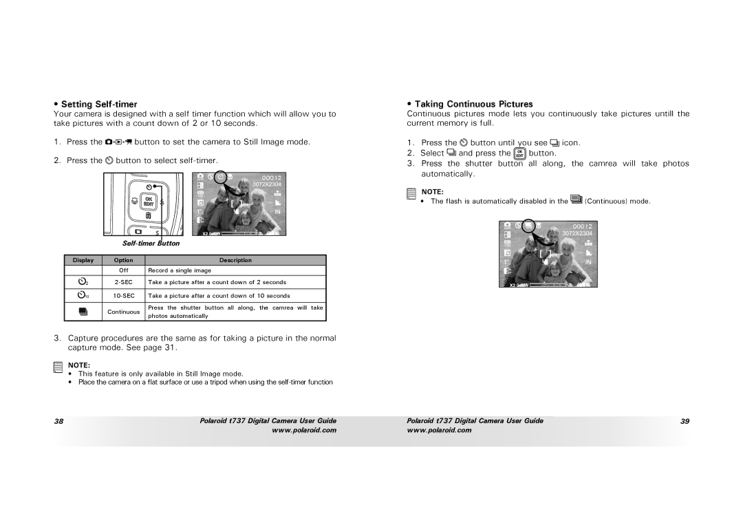 Polaroid T737 manual Setting Self-timer, Taking Continuous Pictures 