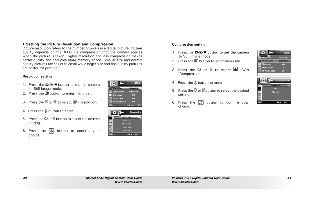 Polaroid T737 manual Setting the Picture Resolution and Compression, Compression setting, Resolution setting 