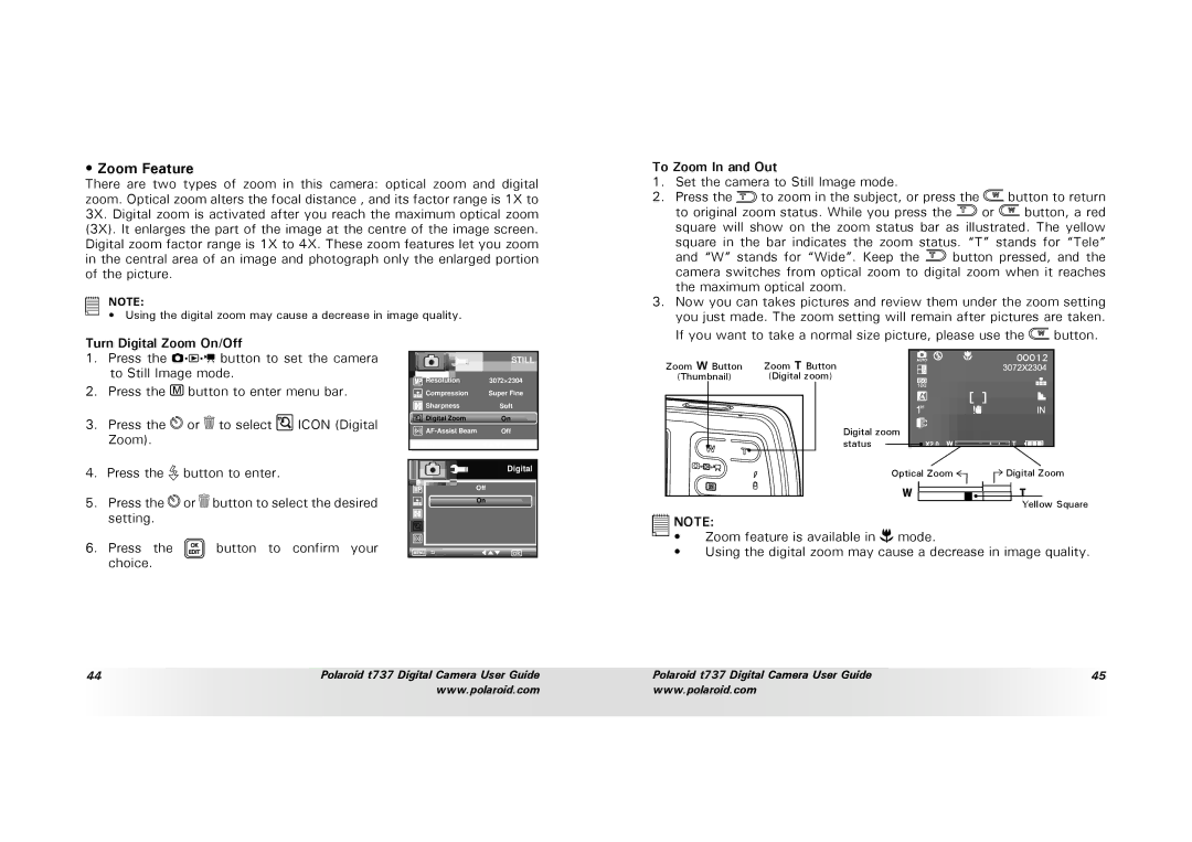 Polaroid T737 manual Zoom Feature, To Zoom In and Out, Turn Digital Zoom On/Off 