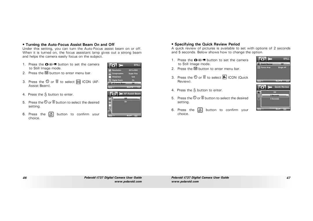 Polaroid T737 manual Turning the Auto-Focus Assist Beam On and Off, Specifying the Quick Review Period 