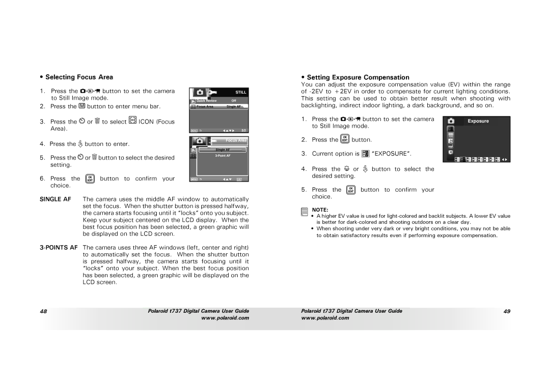 Polaroid T737 manual Selecting Focus Area Setting Exposure Compensation 