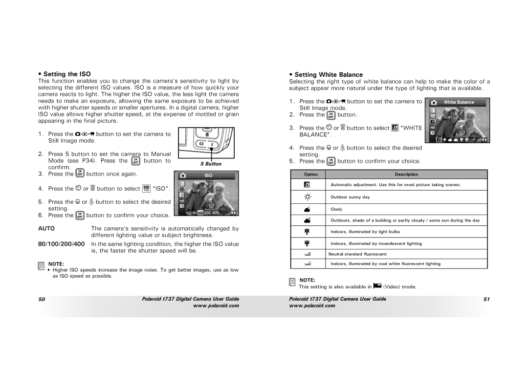 Polaroid T737 manual Setting the ISO, Setting White Balance 