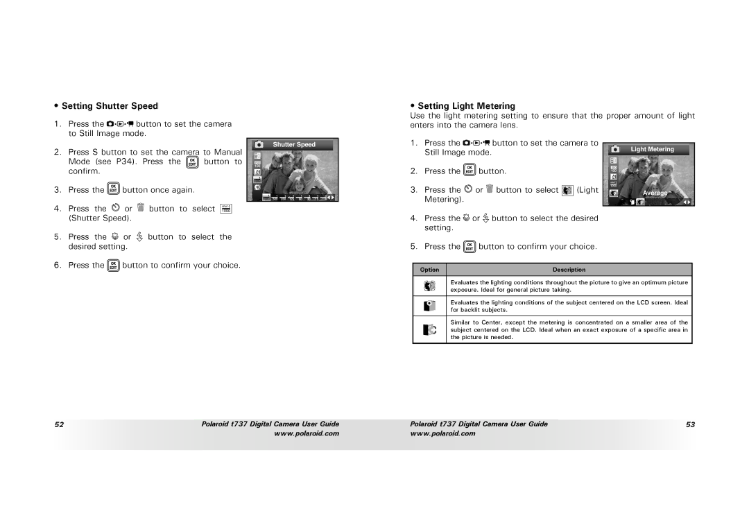 Polaroid T737 manual Setting Shutter Speed Setting Light Metering, Option Description 