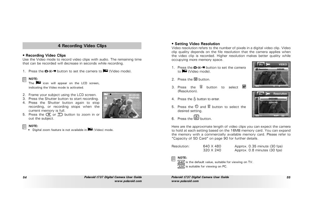 Polaroid T737 manual Recording Video Clips, Setting Video Resolution 