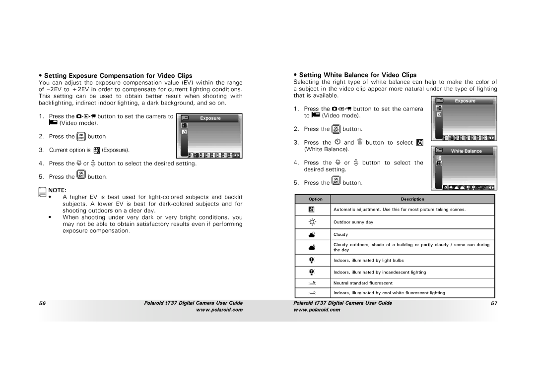 Polaroid T737 manual Setting Exposure Compensation for Video Clips, Setting White Balance for Video Clips 