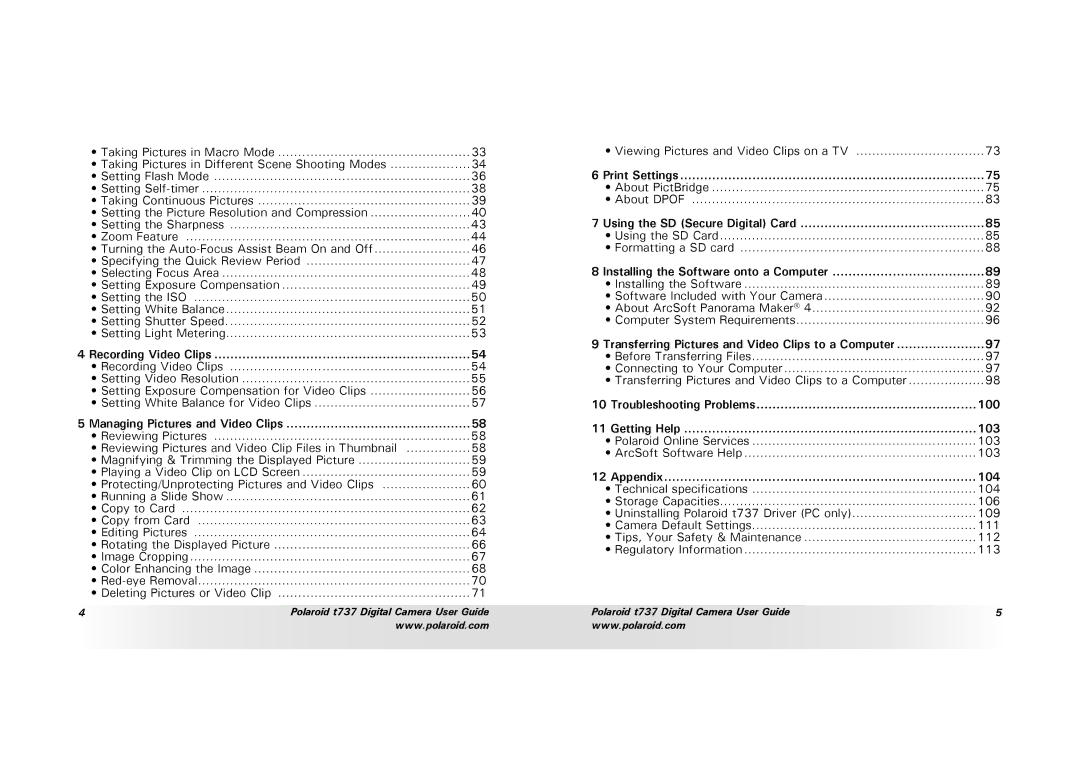 Polaroid T737 manual Print Settings, 100, Getting Help 103, Appendix 104 